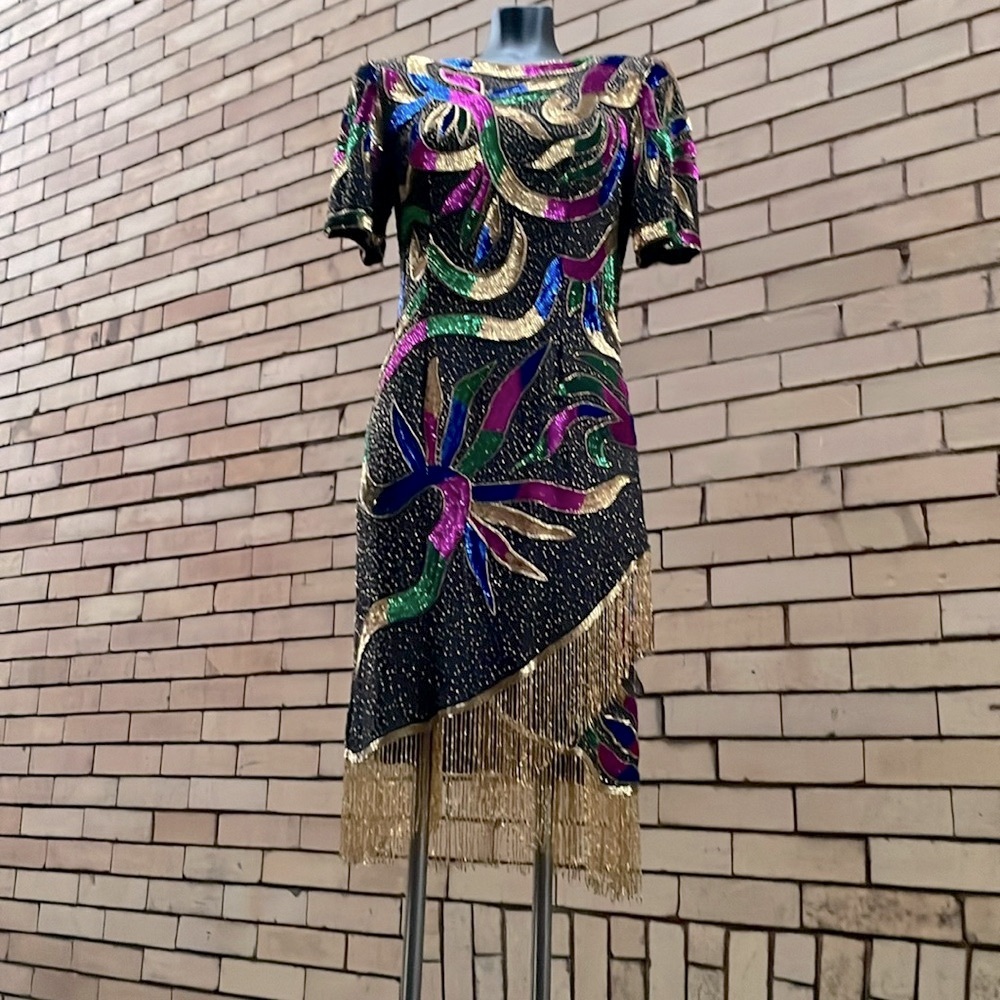 Vintage Lawrence Kazar Silk Beaded Sequin fringe Cocktail Dress Size Small